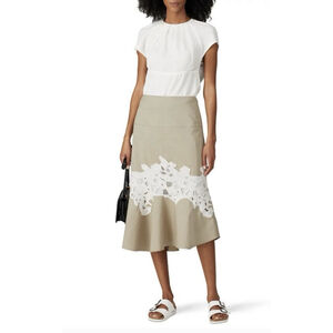 Derek Lam Khaki Floral Lace Applique Midi Skirt Medium A-line Luxury Retail $340